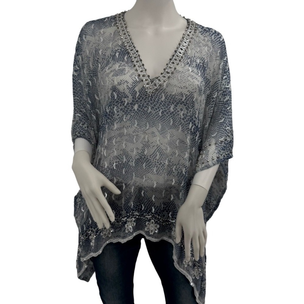 TAJ BY SABRINA CRIPPA Large Silk Tunic Blue Snakeskin Embellished Kaftan Coverup